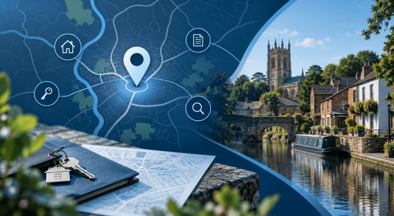 Mortgage Broker in Congleton location map with property search icons, house keys and Cheshire town imagery.