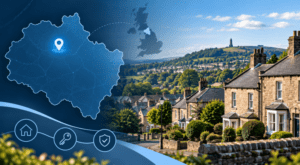 Mortgage Broker in Consett with County Durham map, location pin and traditional stone homes.
