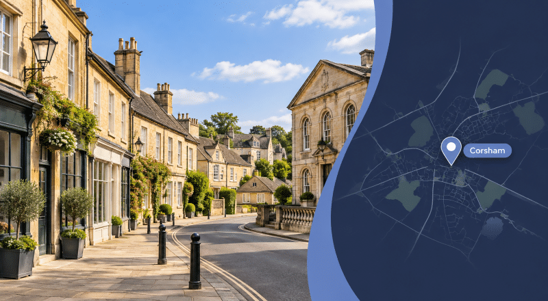 Mortgage Broker in Corsham hero image showing a classic Corsham street scene with stone buildings, a local landmark and a map pin highlighting Corsham.