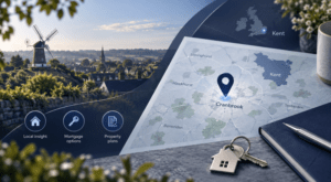 Mortgage Broker in Cranbrook location map showing Cranbrook, Kent, with a map pin, local landmarks and home-buying icons.