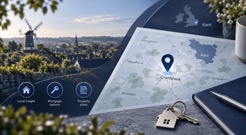 Mortgage Broker in Cranbrook location map showing Cranbrook, Kent, with a map pin, local landmarks and home-buying icons.