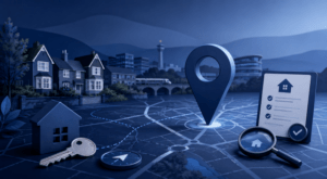 Mortgage Broker in Crawley location map with property, house key, search and mortgage checklist icons.