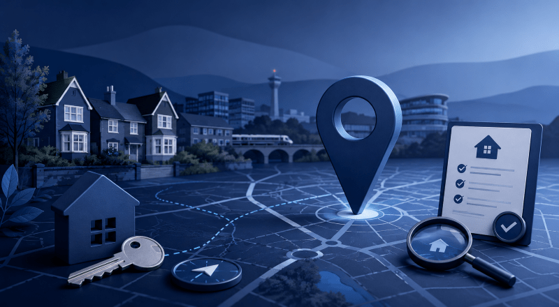 Mortgage Broker in Crawley location map with property, house key, search and mortgage checklist icons.