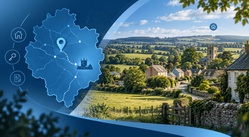 Mortgage Broker in Credenhill location map with Herefordshire countryside, village homes and mortgage-related icons.