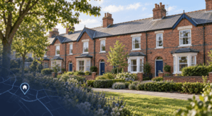 Mortgage Broker in Crewe, illustrated by traditional brick terraced homes, landscaped gardens and a blue location pin.