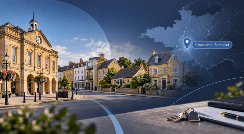 Mortgage Broker in Crewkerne with Somerset townscape, local homes and location map pin