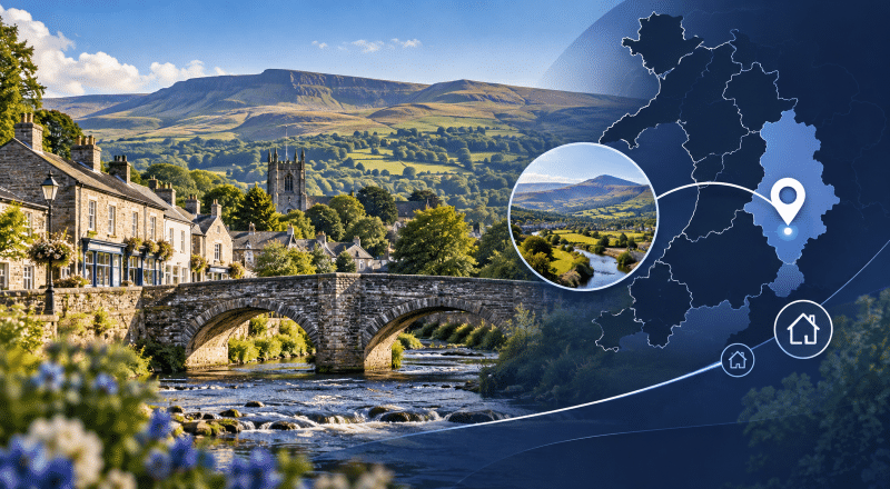 Mortgage Broker in Crickhowell location map with Welsh countryside, stone bridge and Powys landscape.