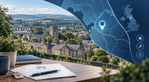 Mortgage Broker in Crook with Cumbria location map, residential homes and mortgage guidance icons.