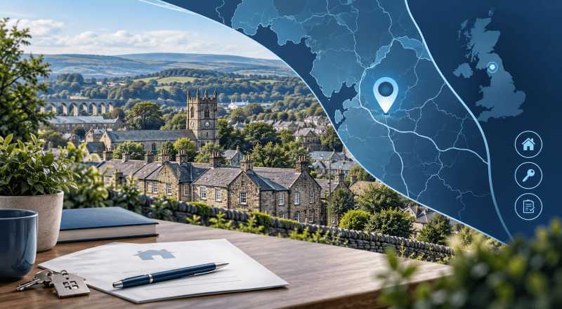 Mortgage Broker in Crook with Cumbria location map, residential homes and mortgage guidance icons.
