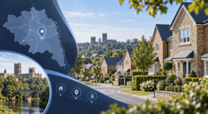 Mortgage Broker in Crossgate Moor, County Durham, with local homes, a location map pin and Durham-inspired landmarks.