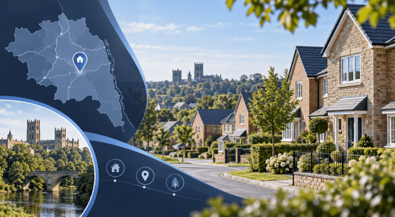 Mortgage Broker in Crossgate Moor, County Durham, with local homes, a location map pin and Durham-inspired landmarks.