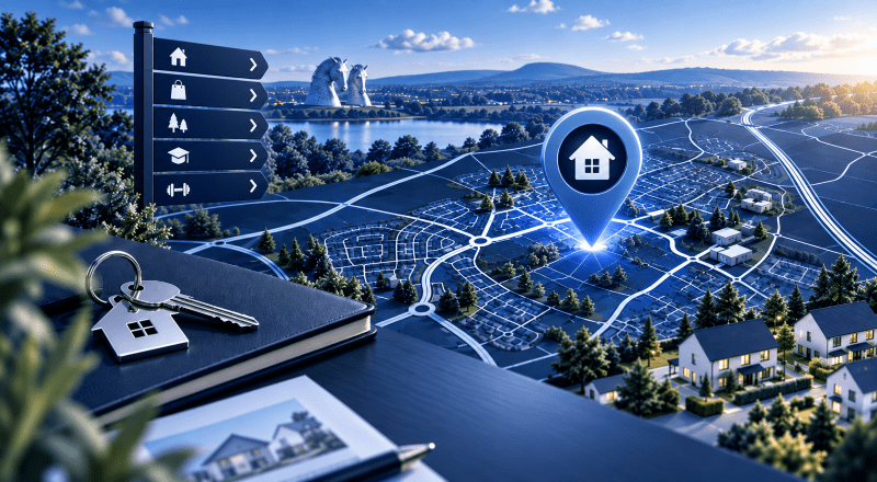 Mortgage Broker in Cumbernauld location map with home pin, property key and local housing icons.