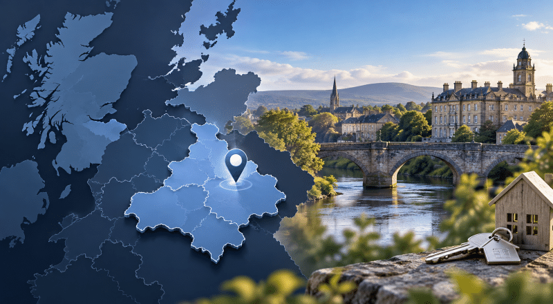 Mortgage Broker in Dalkeith hero image showing a highlighted Midlothian map pin, scenic Dalkeith townscape, river bridge, and house keys in Connect brand blue colours.