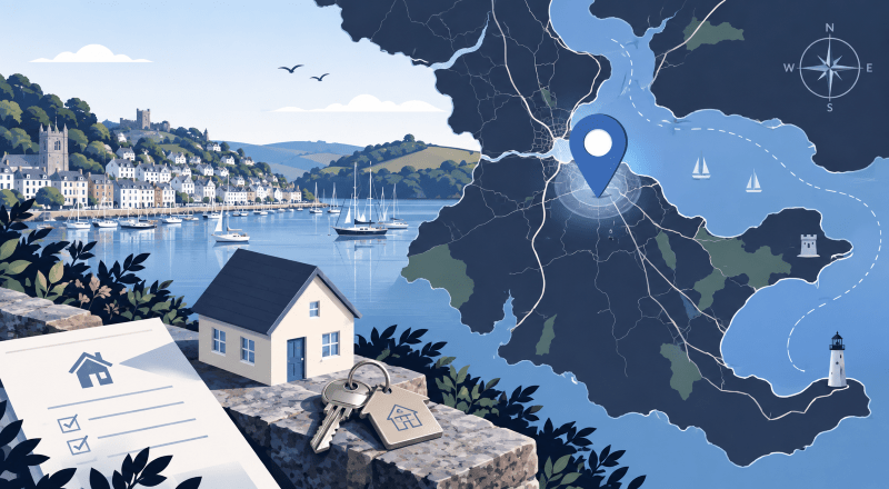 Mortgage Broker in Dartmouth location map with coastal harbour, homes, keys and property icons in Connect Experts blue branding.