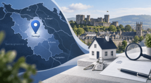 Mortgage Broker in Denbigh location map with Denbigh highlighted, alongside local property imagery, house keys and mortgage documents.