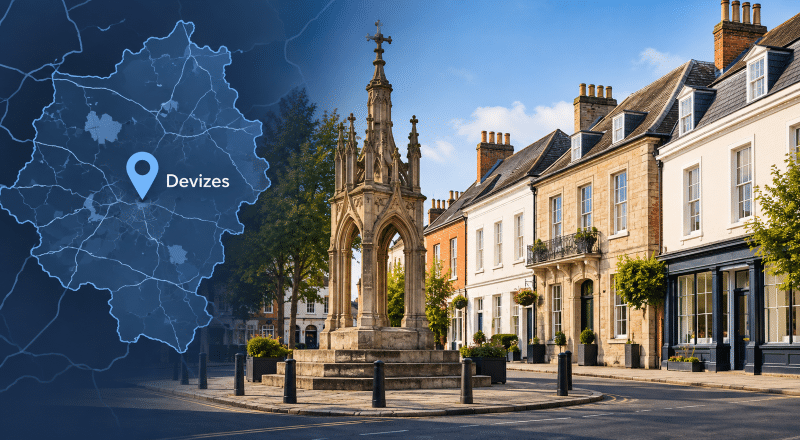 Mortgage Broker in Devizes hero image showing Devizes Market Cross, local streets and a location map marker.