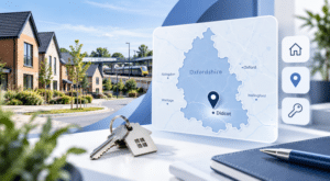 Mortgage Broker in Didcot hero image showing an Oxfordshire map with Didcot location pin, modern homes and house keys.