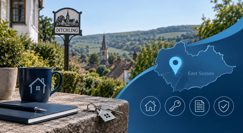 Mortgage Broker in Ditchling hero image featuring an East Sussex location map, Ditchling village setting, house keys and mortgage-related icons.