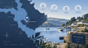Mortgage Broker in Dittisham location map with River Dart, local homes and mortgage advice icons.