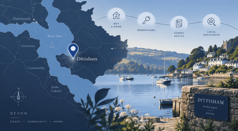 Mortgage Broker in Dittisham location map with River Dart, local homes and mortgage advice icons.
