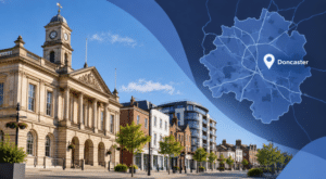 Mortgage Broker in Doncaster location map with Doncaster streetscape and civic architecture in South Yorkshire.