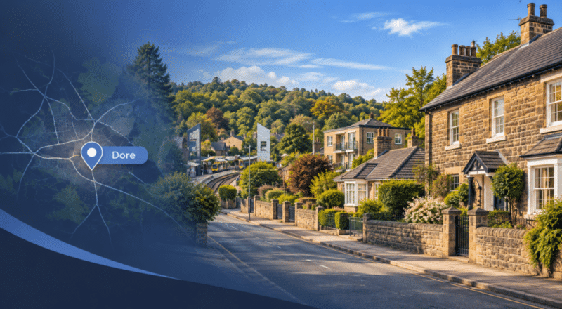 Mortgage Broker in Dore hero image showing a South Yorkshire street scene with stone homes, varied property types, a local map overlay and a location pin marked Dore.