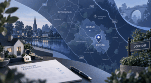 Mortgage Broker in Dorridge location map showing Dorridge within the Solihull area, with nearby transport routes, property imagery and mortgage application details.