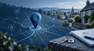 Mortgage Broker in Dulford location map with blue route lines, property icons, keys and a rural village backdrop.