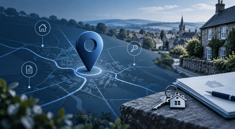 Mortgage Broker in Dulford location map with blue route lines, property icons, keys and a rural village backdrop.