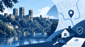 Mortgage Broker in Durham with Durham Cathedral, River Wear, location map pin and property icons