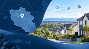 Mortgage Broker in East Kilbride location map with residential homes and mortgage icons.