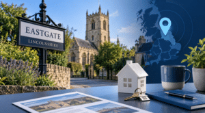 Mortgage Broker in Eastgate hero image showing an Eastgate, Lincolnshire street scene with a village church, an Eastgate sign, a location map pin, and property-themed desk items including a house model, keys, notebook, mug, and plant.