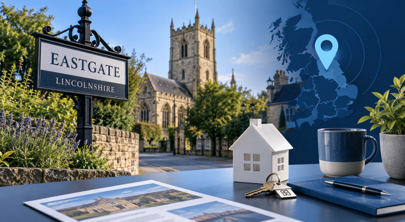Mortgage Broker in Eastgate hero image showing an Eastgate, Lincolnshire street scene with a village church, an Eastgate sign, a location map pin, and property-themed desk items including a house model, keys, notebook, mug, and plant.