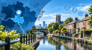 Mortgage Broker in Eccles with Greater Manchester map pin, canal-side homes and local property icons.