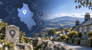Mortgage Broker in Efenechtydd location map with Welsh countryside, village homes and mortgage-themed icons.