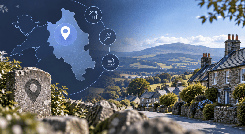 Mortgage Broker in Efenechtydd location map with Welsh countryside, village homes and mortgage-themed icons.