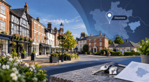 Mortgage Broker in Ellesmere with local Shropshire property styles, an Ellesmere map and location marker.