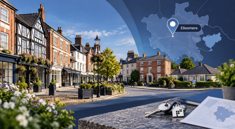 Mortgage Broker in Ellesmere with local Shropshire property styles, an Ellesmere map and location marker.