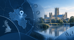 Mortgage Broker in Ely – location map highlighting Ely in Cambridgeshire with Ely Cathedral, property icons and mortgage search symbols.