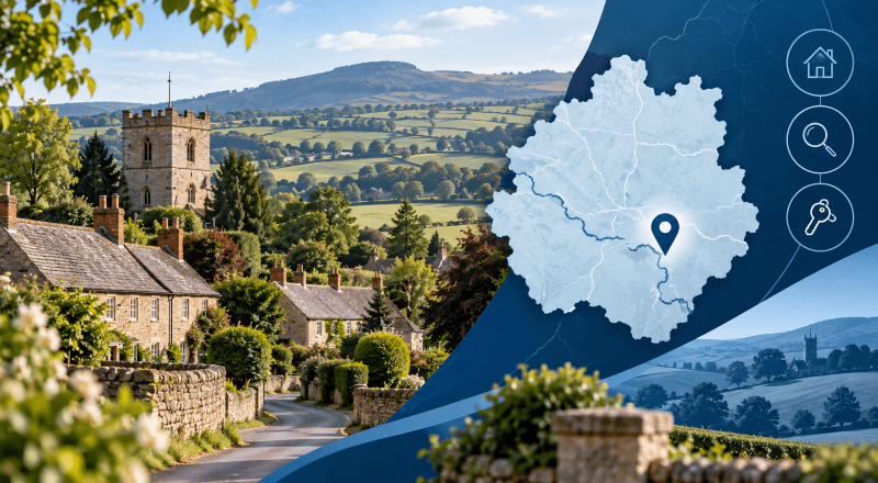 Mortgage Broker in Ewyas Harold with Herefordshire countryside and location map pin.
