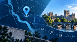 Mortgage Broker in Exeter location map with a blue location pin, Exeter Cathedral, riverside architecture and mortgage search icons.