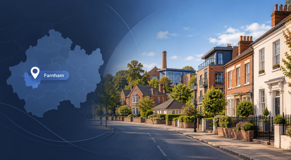 Mortgage Broker in Farnham, Surrey, with a location map, Farnham marker and a mix of local residential property styles.