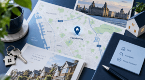 Mortgage Broker in Fazakerley, Merseyside location map with home icon, property keys and residential housing imagery.