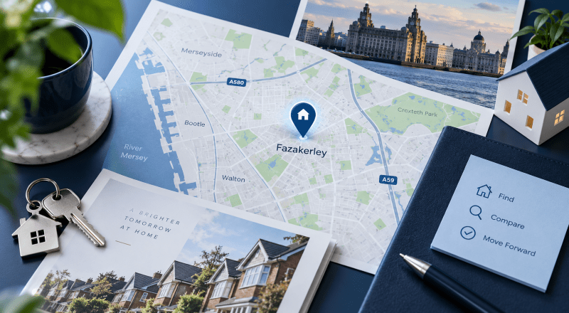 Mortgage Broker in Fazakerley, Merseyside location map with home icon, property keys and residential housing imagery.