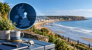 Mortgage Broker in Filey location map with coastal Filey, North Yorkshire, and house keys.