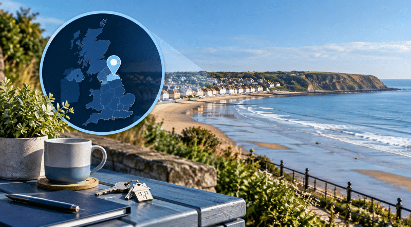 Mortgage Broker in Filey location map with coastal Filey, North Yorkshire, and house keys.