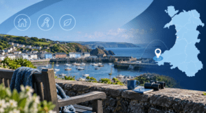 Mortgage Broker in Fishguard hero image showing Fishguard harbour, Pembrokeshire coastline, and a location map in dark and light blue branded styling.