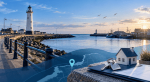 Mortgage Broker in Fleetwood with Fleetwood seafront, lighthouse, harbour, house keys and location map pin.