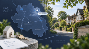 Mortgage Broker in Four Oaks location map with property, key and leafy residential street imagery.