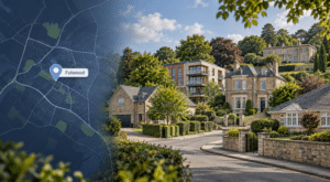 Mortgage Broker in Fulwood hero image showing a map of Fulwood with a location pin beside a leafy residential street with varied homes in South Yorkshire.